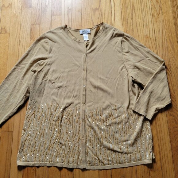 Bob Mackie Studio Beige Sequin Embellished Cardigan Sweater 1X Rayon/Nylon - Picture 2 of 6